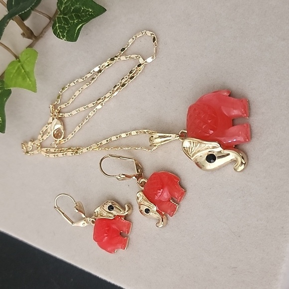 Jewelry - Gold Filled Necklace and Earrings Set Faux Red Jade Elephant